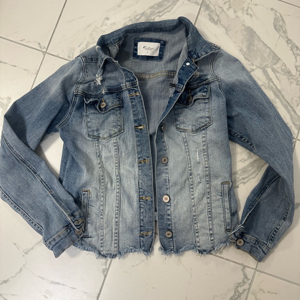 Kensie Faded Light Blue Distressed Hem Denim Jacket